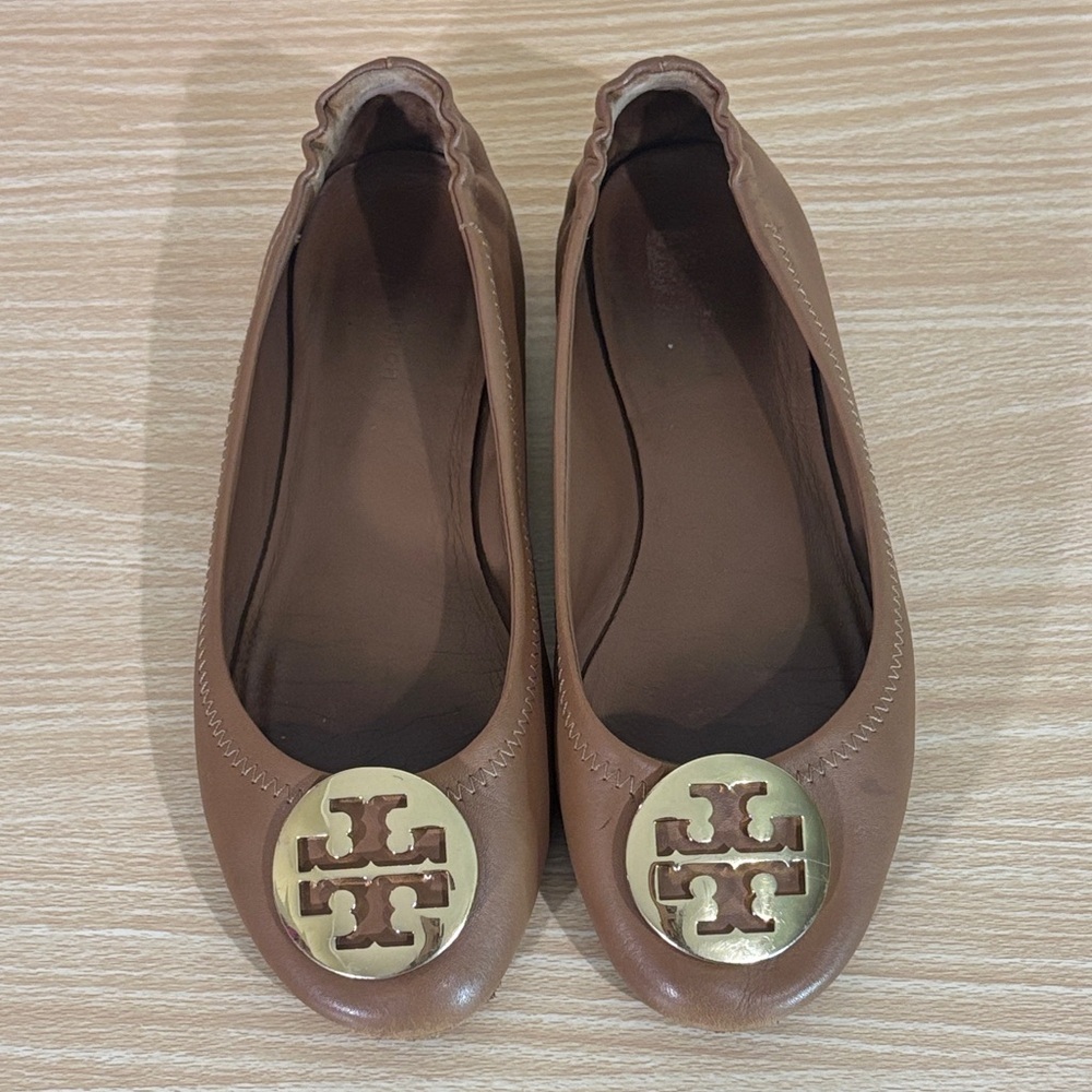 Tory Burch Tan Logo Ballet Flats Leather Round Toe Slip On 7M